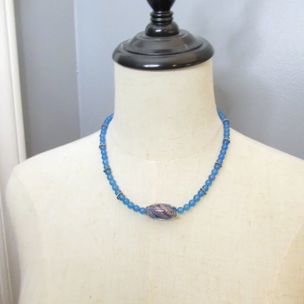 Blue Quartz Stone Necklace With Glass Bead
